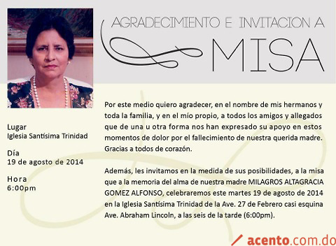 Oficiarán hoy misa por doña Milagros Gómez Alfonso, madre de Félix Disla Gómez