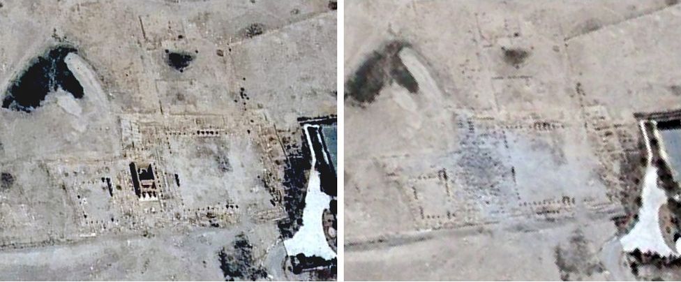 Las imágenes satelitales que muestran la destrucción del emblemático templo de Baal en Palmira por parte de Estado Islámico