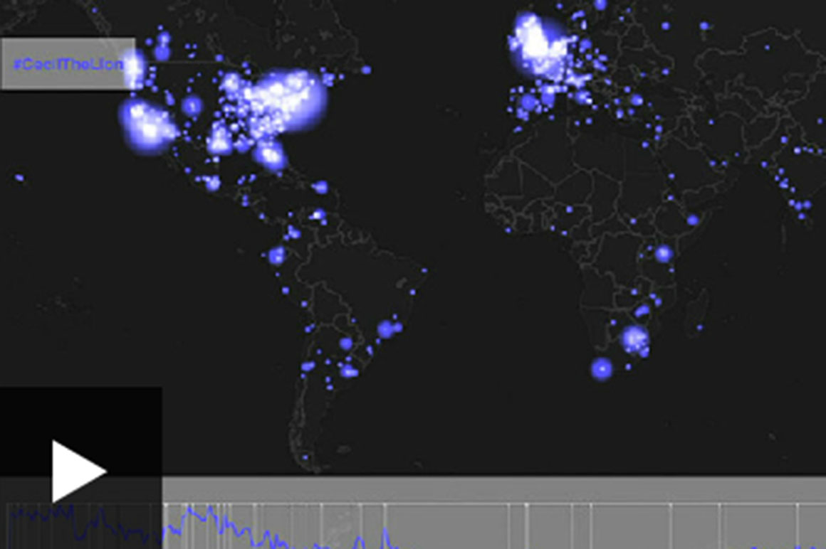 Mapa de los tuits globales sobre la muerte del león Cecil