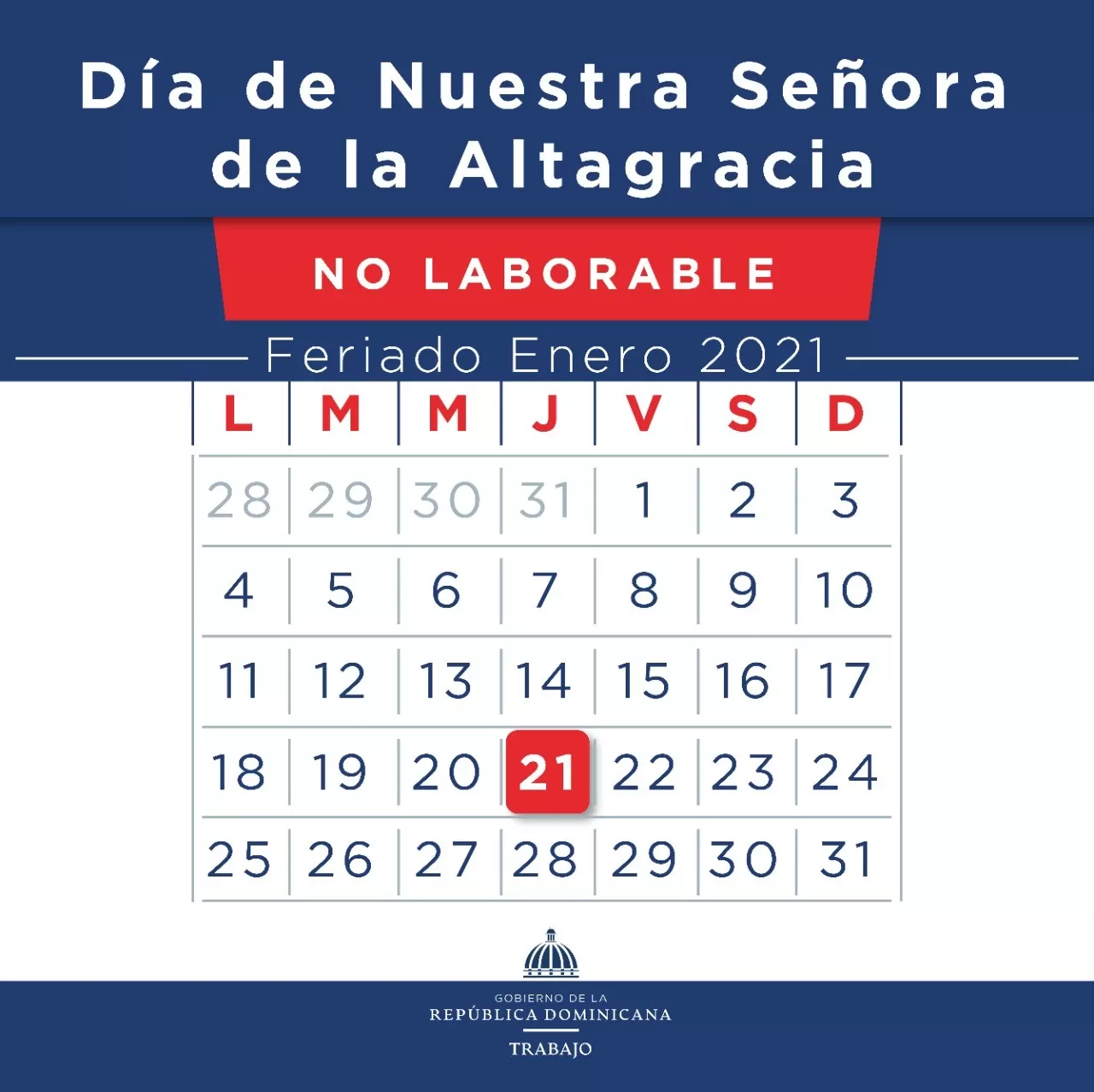 Ministerio de Trabajo reitera feriado Día de la Altagracia “no se cambia”