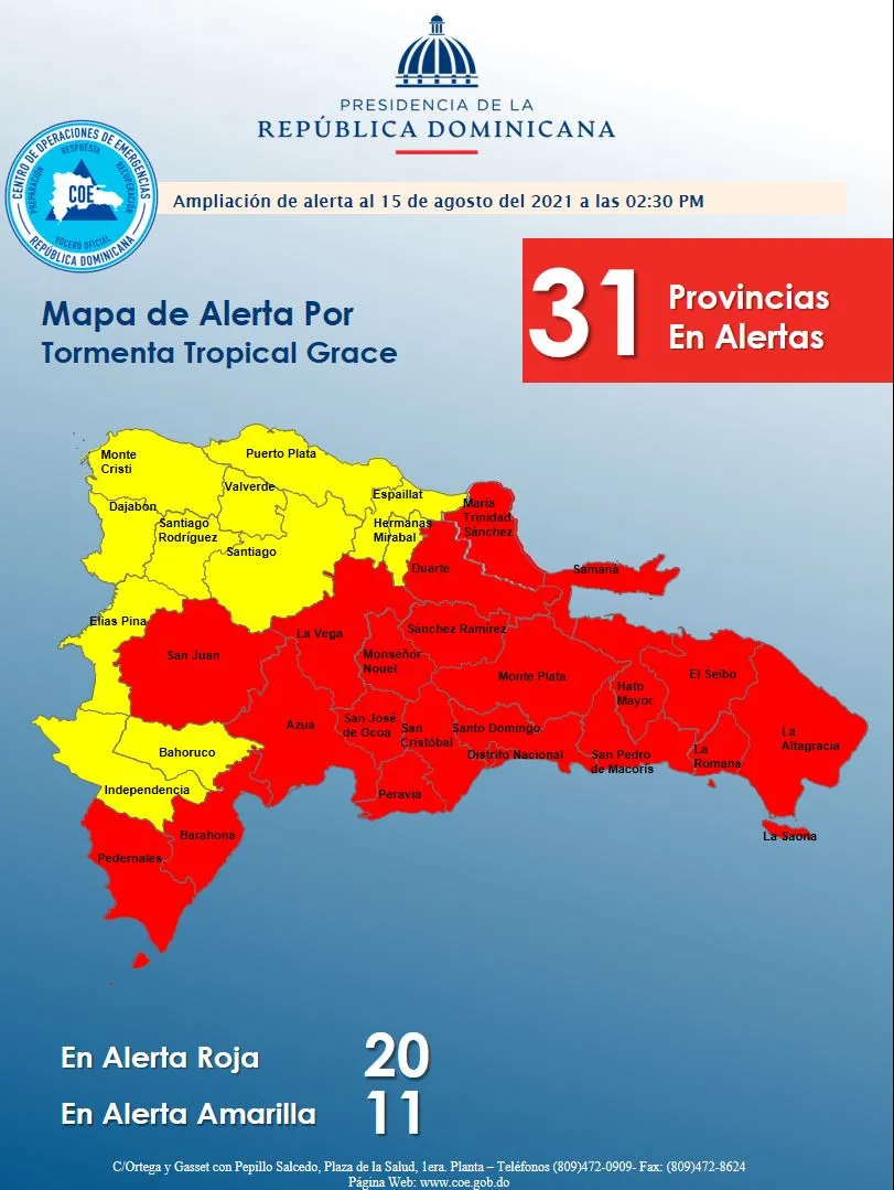 Tormenta Grace: Alerta roja para 20 provincias dominicanas