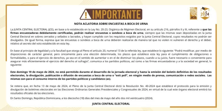 JCE recuerda resultados de encuestas a boca de urna no pueden divulgarse