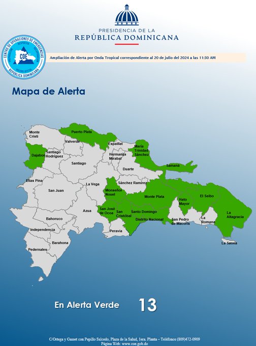 COE aumenta el número de provincias en alerta verde por lluvias