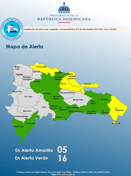 COE emite alerta amarilla en cinco provincias y verde en el Distrito Nacional y otras quince por lluvias