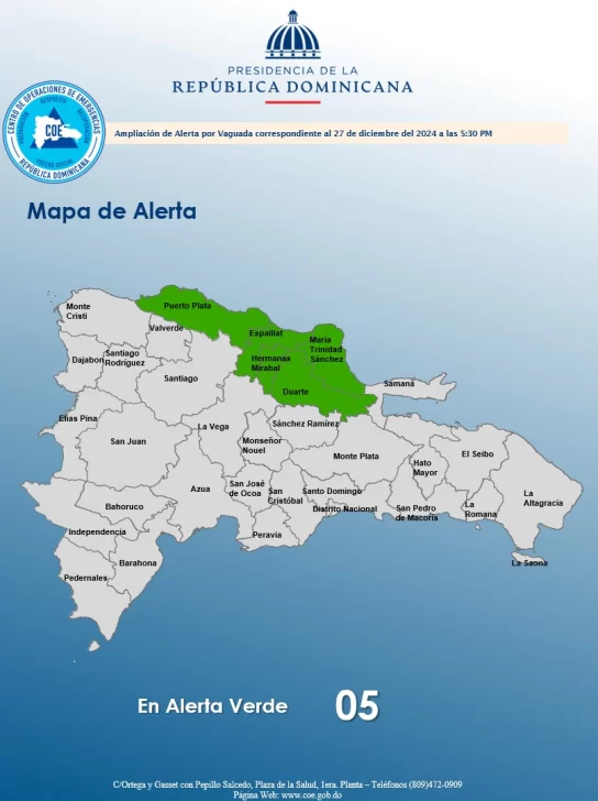 COE eleva a cinco provincias en alerta verde