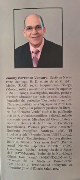 Dr. Jimmy Barranco V., tomada de la solapa de su libro   "Estampas de mi Bohío" (Décimas-2024).