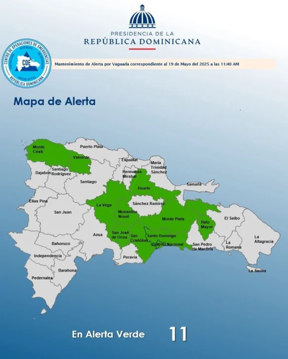 COE mantiene D.N y 10 provincias en alerta verde