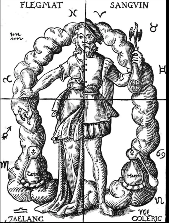  Ilustración del siglo XVI de los cuatro humores, Flegmat (flema), Sanguin (sangre), Coleric (bilis amarilla) y Melanc (bilis negra).