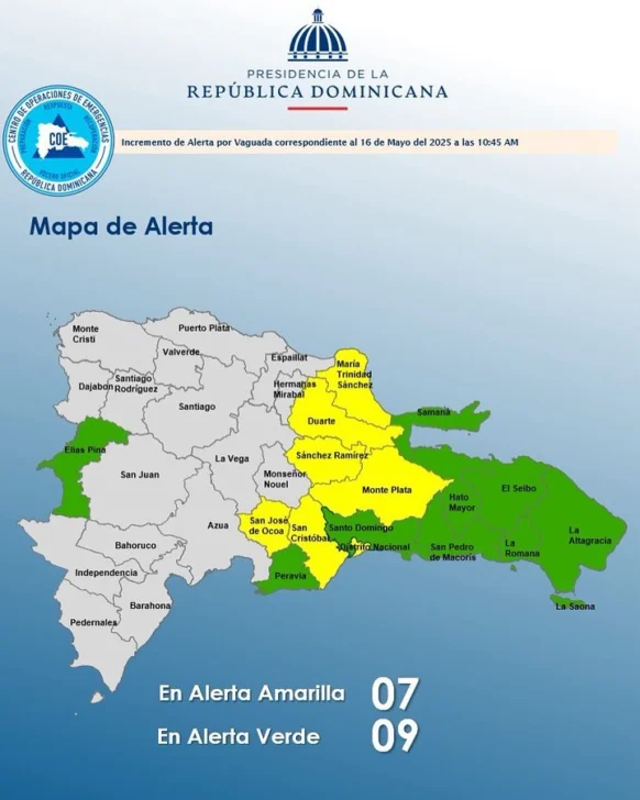 Distrito Nacional y seis provincias en alerta amarilla; hay nueve en verde