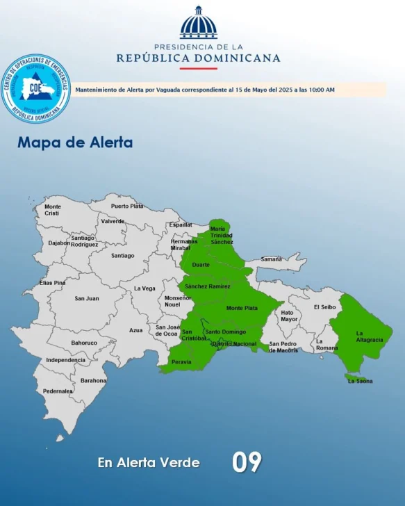 COE aumenta a nueve las provincias en alerta verde por vaguada