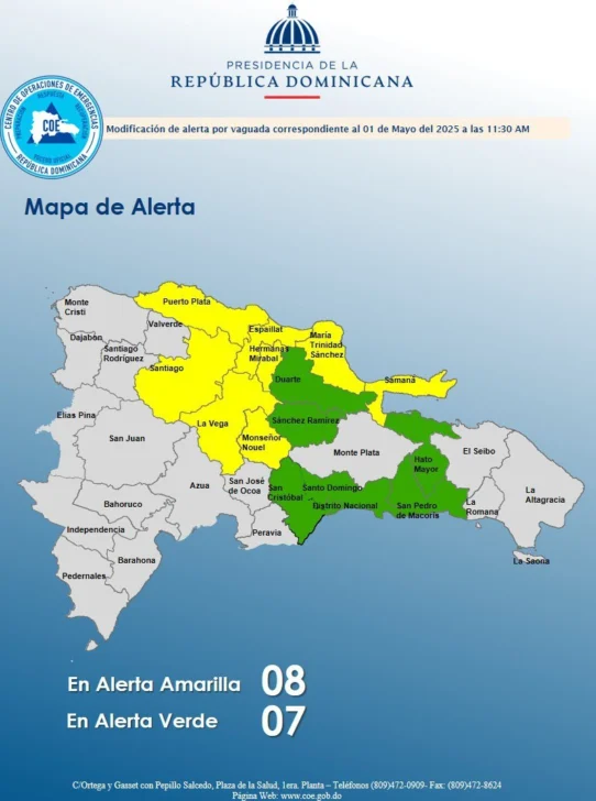 COE mantiene ocho provincias en alerta amarilla y aumenta a seis y D.N en verde