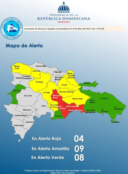 D.N y tres provincias en alerta roja; mantiene nueve en amarilla y ocho en verde
