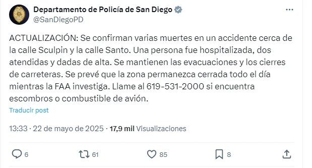 Dos muertos y 8 heridos al estrellarse una avioneta en un barrio del sur de California