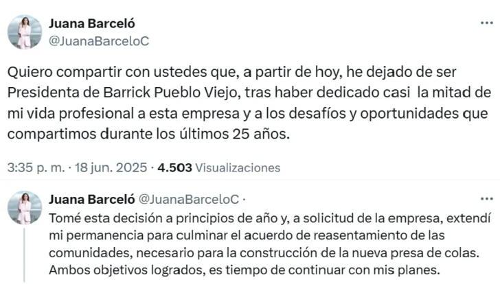 Juana Barceló anuncia que deja la presidencia de Barrick Pueblo Viejo