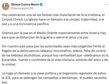 Obispo pide en homilía parar campañas a destiempo y que la paz llegue al Medio Oriente