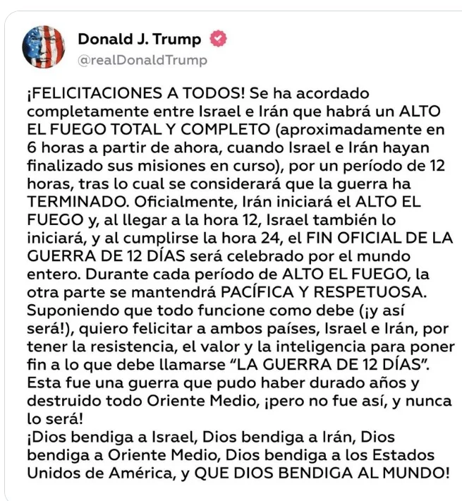 Trump dice que Israel e Irán han acordado un 'alto el fuego total'