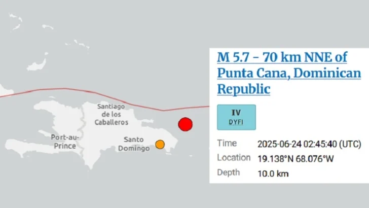 Se registra temblor de magnitud 5.7 con epicentro cerca de Punta Cana