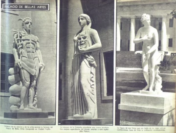 Las esculturas de Antonio Prats Ventos en las puertas del Palacio de Bellas Artes. FOTO: Álbum de Oro de la Feria de la Paz (1957).