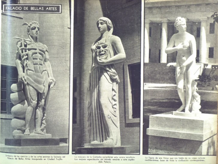  Las esculturas de Antonio Prats Ventos en las puertas del Palacio de Bellas Artes. FOTO: Álbum de Oro de la Feria de la Paz (1957).
