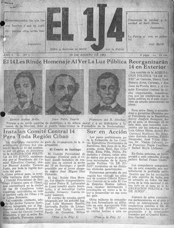  Portada del 1er periódico El 1J4 honrando a los padres de la patria dominicana, 19 de agosto de 1961.