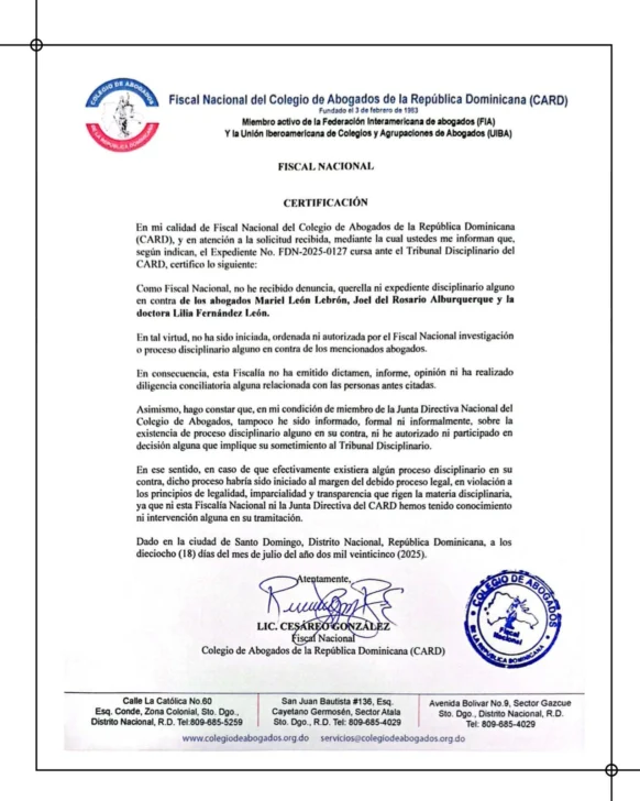 Fiscal del Colegio de Abogados niega proceso disciplinario contra Mariel León y dos colegas Fiscal del Colegio de Abogados niega proceso disciplinario contra Mariel León y dos colegas