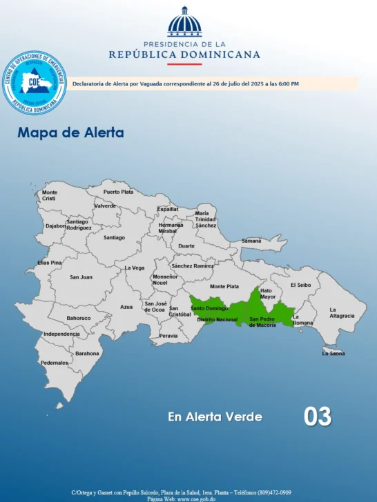 COE emite alerta verde para Santo Domingo, el Distrito Nacional y San Pedro por lluvias COE emite alerta verde para Santo Domingo, el Distrito Nacional y San Pedro por lluvias