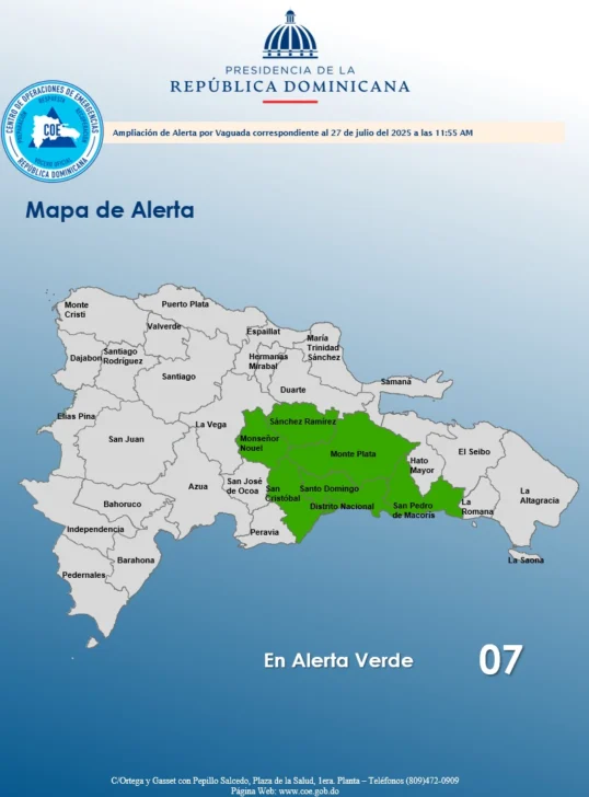 COE amplía a seis provincias bajo alerta verde