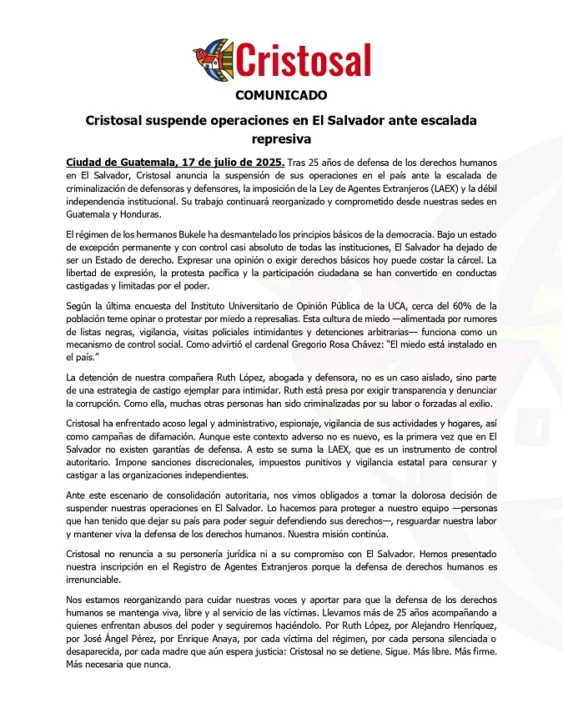 La ONG Cristosal suspende sus operaciones por 'escalada represiva'