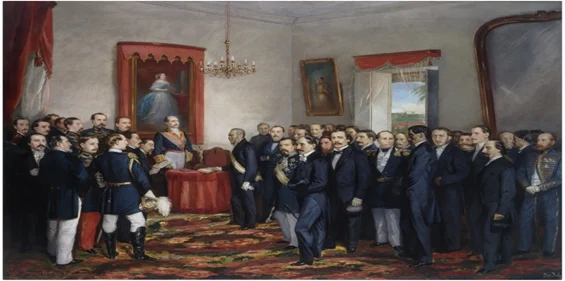  Jura del Gobernador y Capitán General de Santo Domingo, Pedro Santana, ante las Cortes Españolas (Óleo de 1862 del salvadoreño Juan Francisco Wenceslao Cisneros Guerrero, Museo del Prado, España).