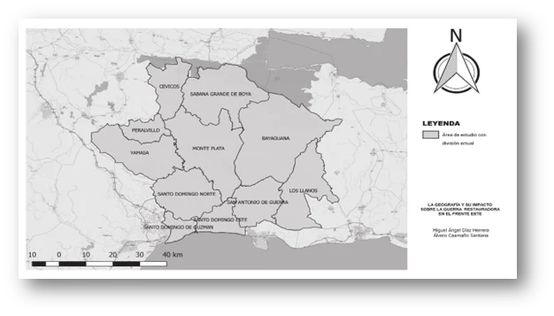  Los territorios del Frente Este de República Dominicana donde se libraron las principales batallas y acciones militares entre los restauradores y el ejército español (Tomado del libro La Geografía y su impacto sobre la Guerra Restauradora en el Frente Este, de Miguel Ángel Díaz y Álvaro Caamaño, p.19).