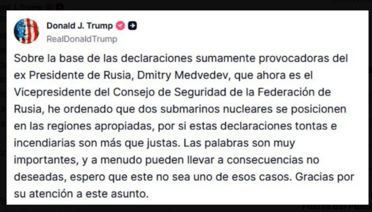 Trump despliega dos submarinos nucleares ante 'provocadoras declaraciones' rusas Trump despliega dos submarinos nucleares ante 'provocadoras declaraciones' rusas