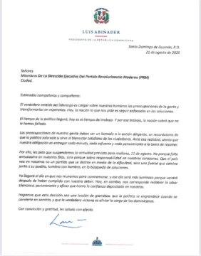 Abinader pide al PRM suspender actividad de este viernes por 5 años de gobierno