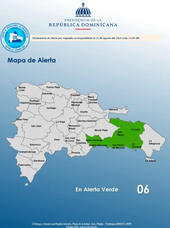 Cinco provincias y el Distrito Nacional bajo alerta verde por onda tropical
