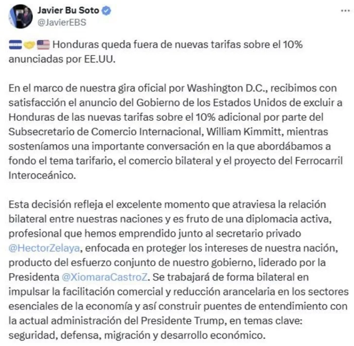 Honduras queda exenta del arancel mínimo global del 10% anunciado por Trump