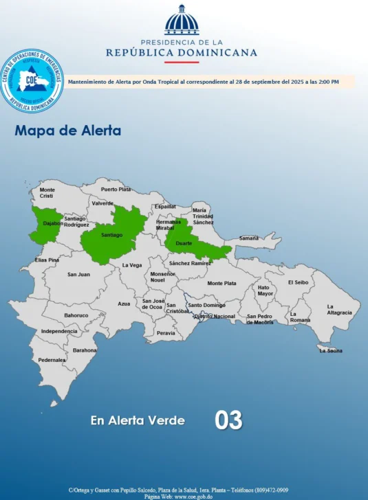 COE mantiene tres provincias en alerta verde