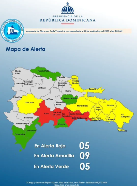 COE eleva cuatro provincias y Distrito Nacional a alerta roja por fuertes lluvias