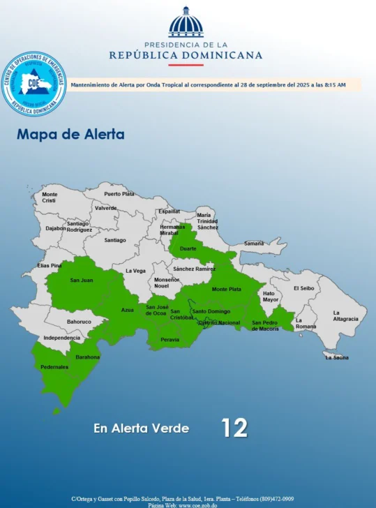 COE mantiene 11 provincias y el Distrito Nacional en alerta verde