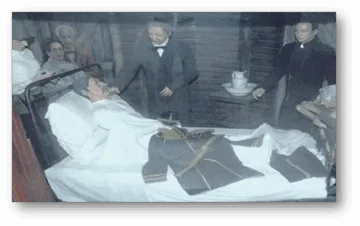  Juan Pablo Duarte postrado en cama los últimos años de su vida en Caracas, Venezuela (Colección del Museo de Cera de Juan Pablo Duarte).