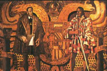 Lienzo al óleo del artista español Joaquín Vaquero Turcios, alegórico a un diálogo ficticio entre el rey de España Carlos I y Don Enrique (Enriquillo). Colección: Museo de las Casas Reales, Zona Colonial de Santo Domingo, República Dominicana.