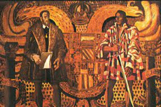  Lienzo al óleo del artista español Joaquín Vaquero Turcios, alegórico a un diálogo ficticio entre el rey de España Carlos I y Don Enrique (Enriquillo). Colección: Museo de las Casas Reales, Zona Colonial de Santo Domingo, República Dominicana.