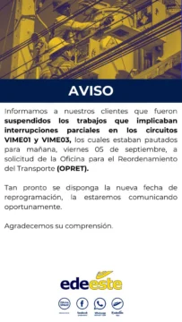 Suspenden los trabajos por obra en Metro que afectaría servicio eléctrico a sectores hoy viernes