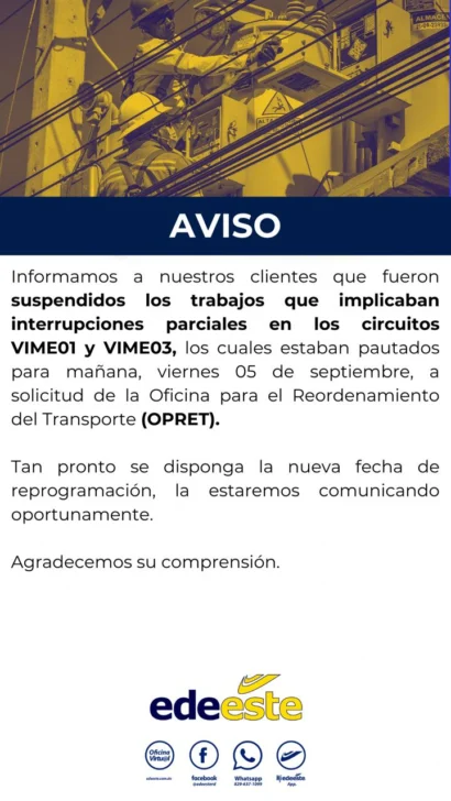 Suspenden los trabajos por obra en Metro que afectaría servicio eléctrico a sectores hoy viernes Suspenden los trabajos por obra en Metro que afectaría servicio eléctrico a sectores hoy viernes
