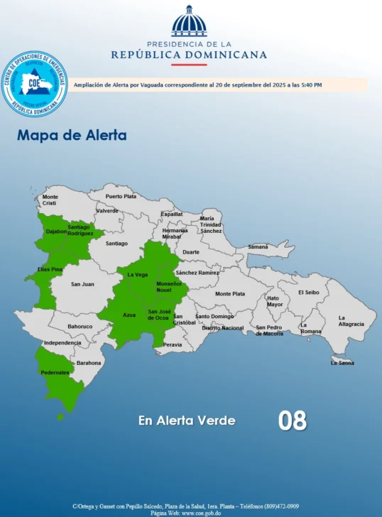 COE eleva a ocho el número de provincias en alerta verde