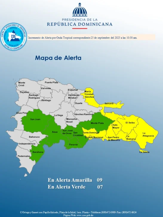 COE emite alerta amarilla para 8 provincias y el Distrito Nacional por onda tropical y vaguada