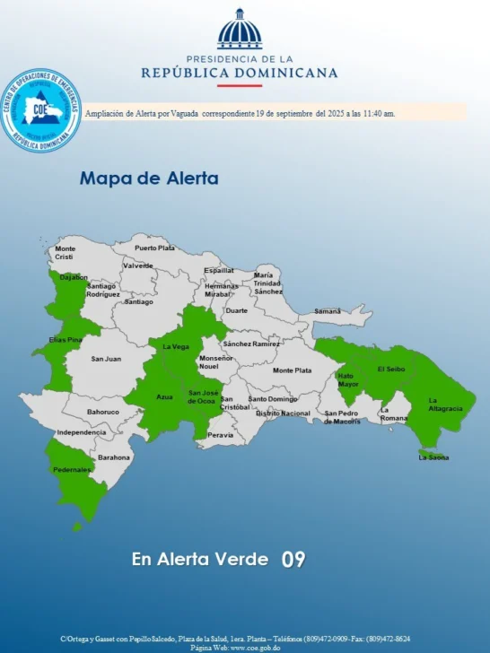 COE eleva a nueve las provincias en alerta verde COE eleva a nueve las provincias en alerta verde