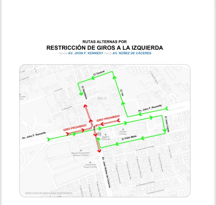 Gabinete de Transporte informa restricción de giros a la izquierda en la Núñez de Cáceres con Kennedy