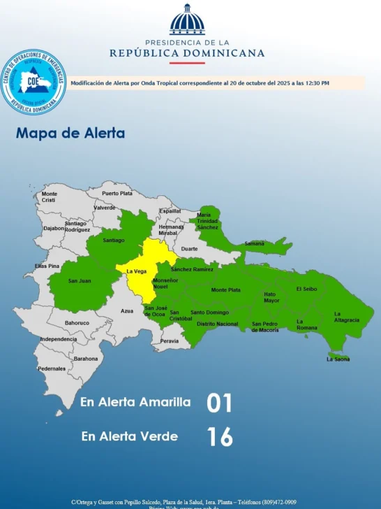 COE mantiene una provincia en alerta amarilla y 16 en verde COE mantiene una provincia en alerta amarilla y 16 en verde