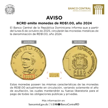 Banco Central emite monedas de RD$ 1.00, año 2024