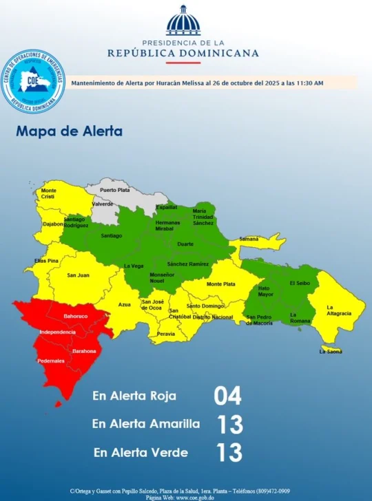 COE reduce nivel de alerta: 4 provincias en alerta roja, 13 amarillo y 13 en verde COE reduce nivel de alerta: 4 provincias en alerta roja, 13 amarillo y 13 en verde