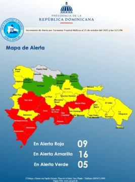 Huracán Melissa: COE reduce alerta a nivel amarillo a 3 provincias y el Distrito Nacional tras leve mejoría